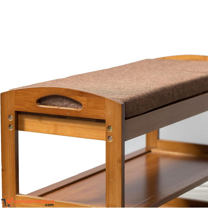 Elegant wooden shoe organizer with seating bench and multiple storage shelves ideal for shoes, slippers and everyday home organization.