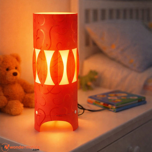 Flexible PVC table lamp glowing softly on bedside table in cozy bedroom
