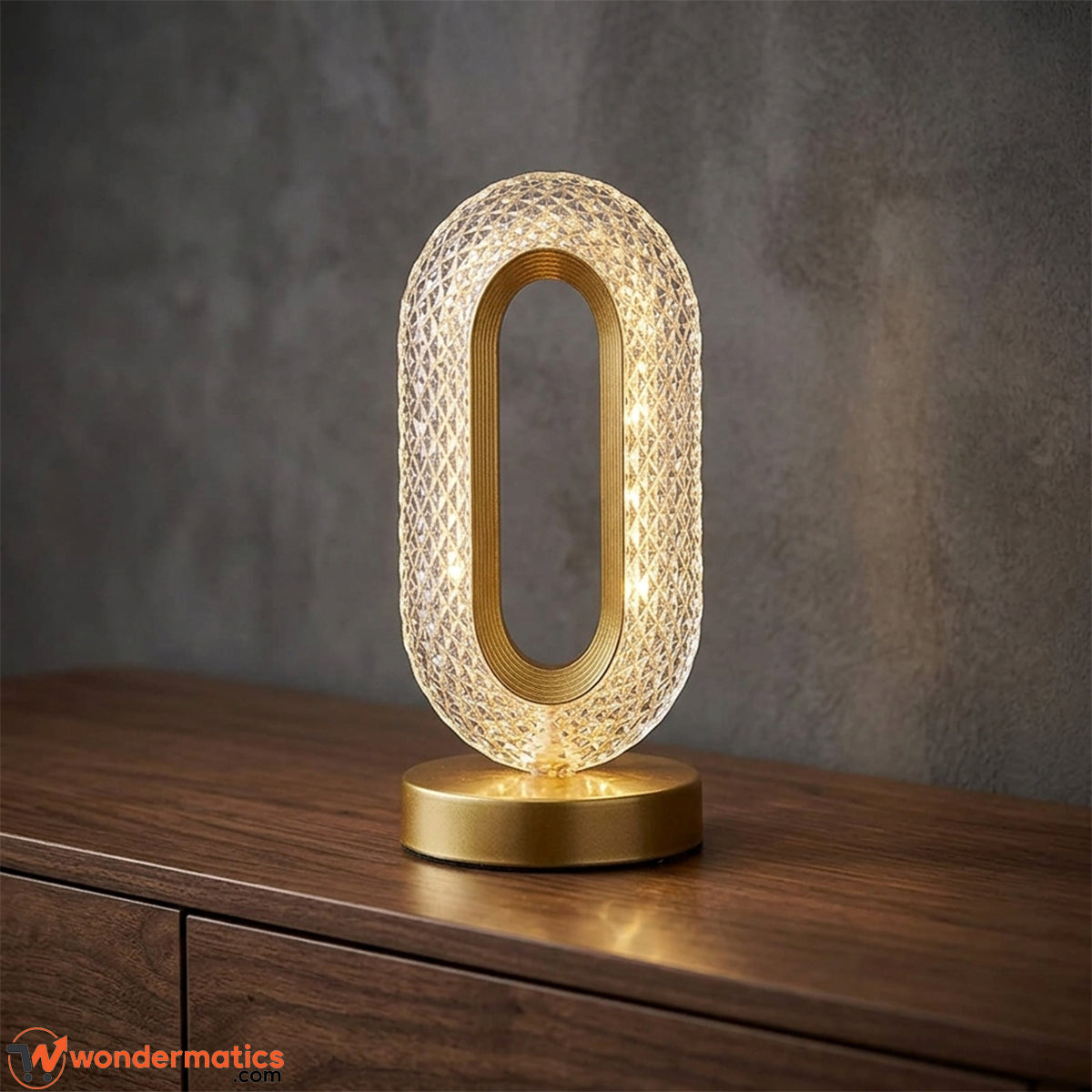 Rechargeable crystal touch lamp glowing in warm white light mode