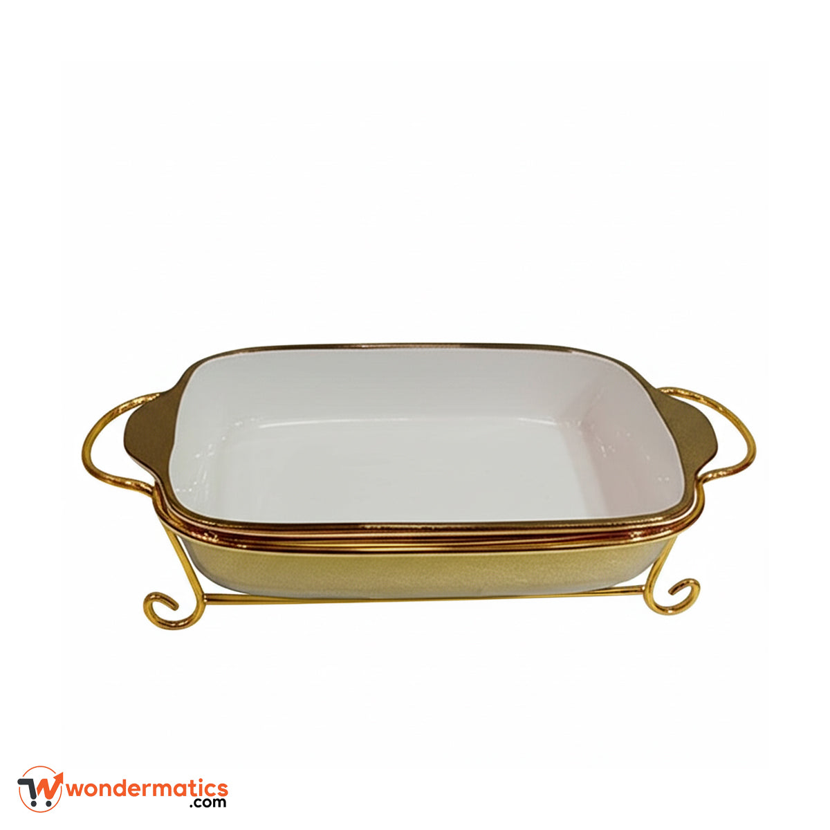 Rectangular ceramic food warmer tray with gold stand for buffet serving