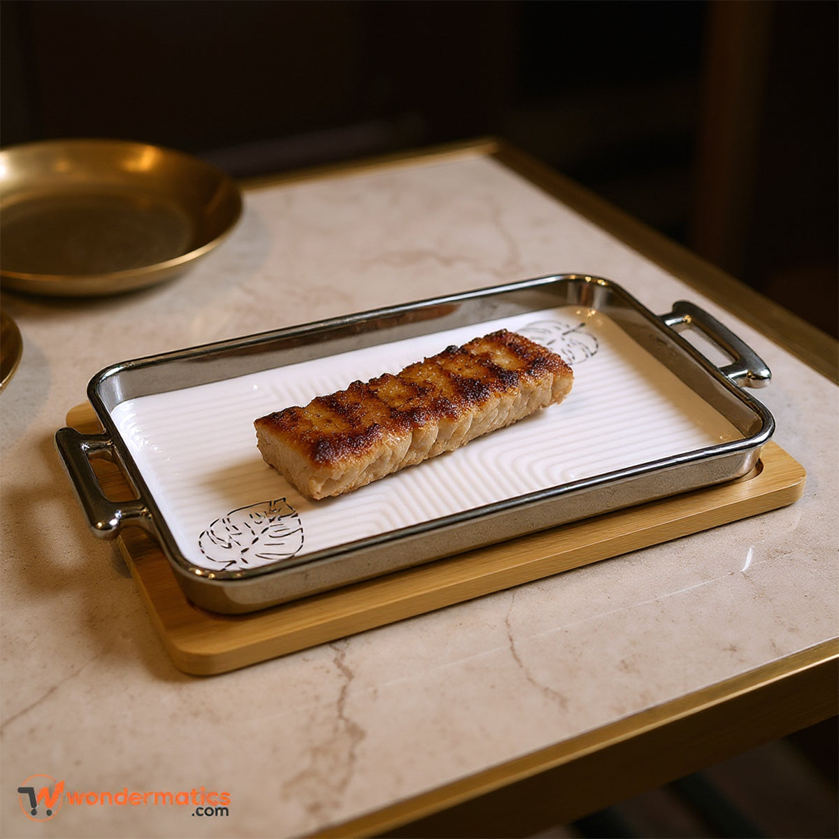 Rectangular Ceramic Platter with Bamboo Tray Base – Stylish Tableware for Appetizers and Desserts