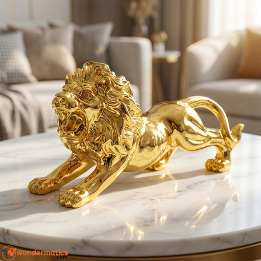 Resin lion ornament styled in living room console decor