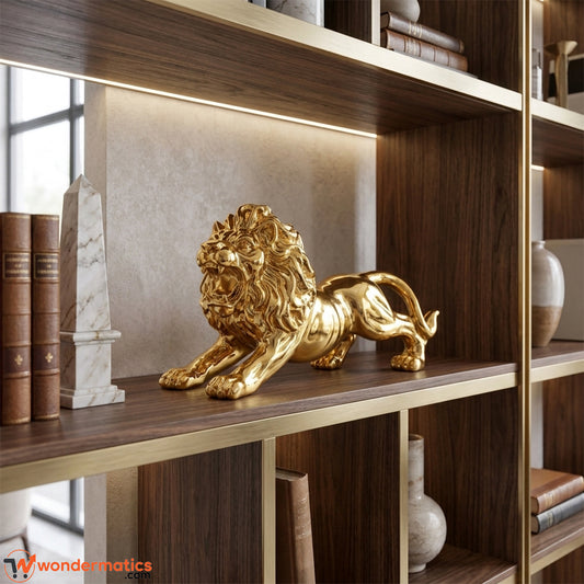 Resin lion ornament styled in shelf for home and office decor