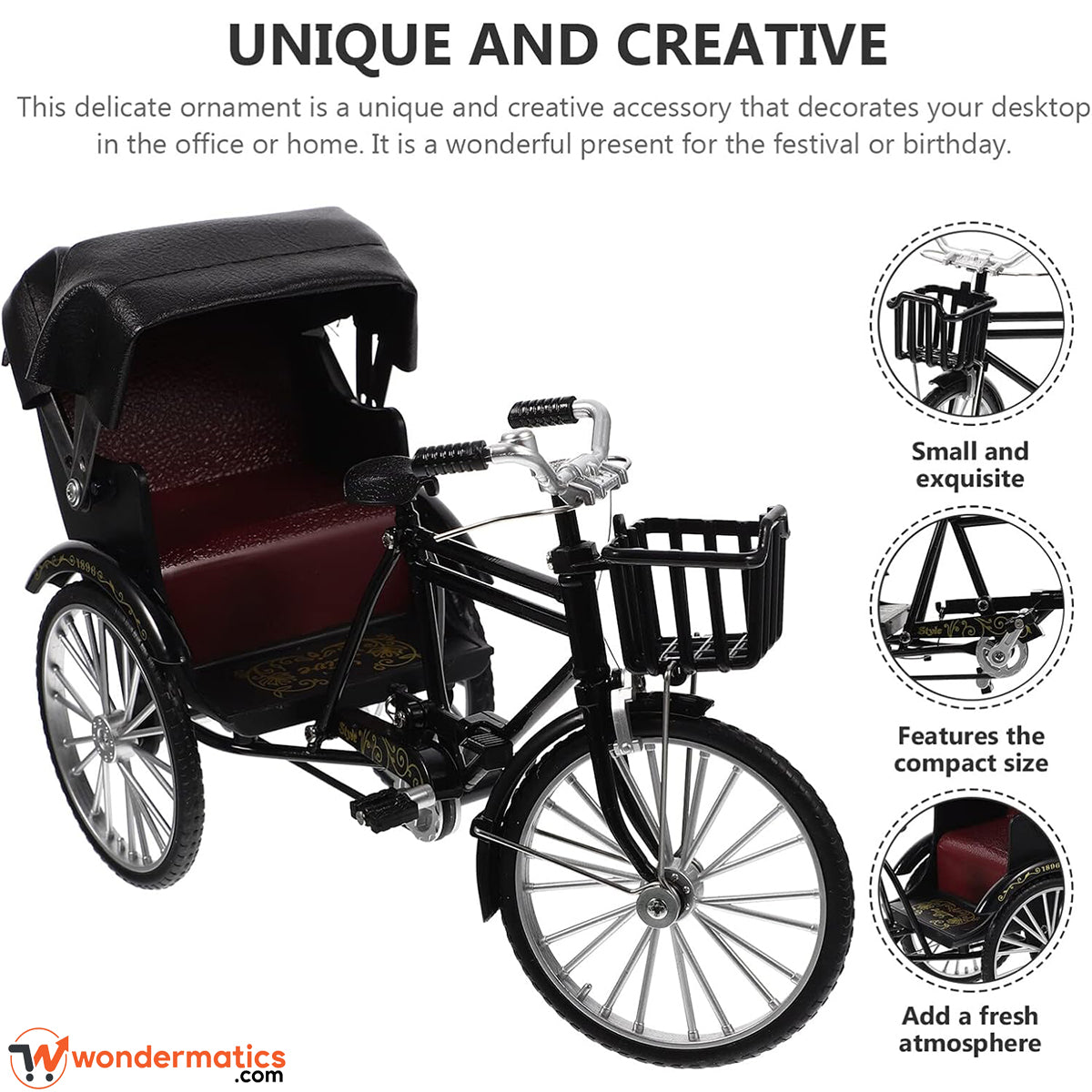 Retro rickshaw ornament highlighting its 3 wheel vintage design