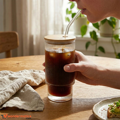 Close-up of bamboo lid and glass straw on ribbed borosilicate glass tumbler — Wondermatics