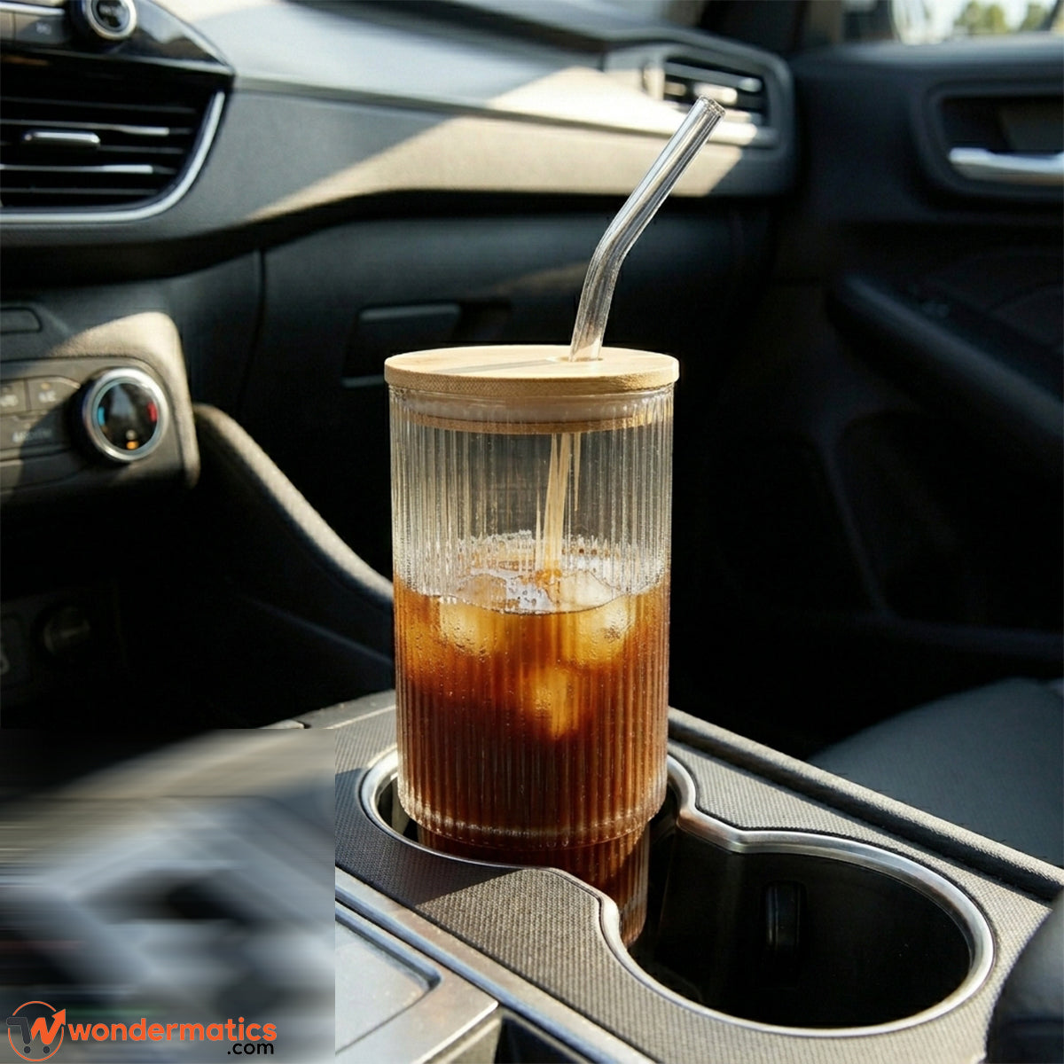 Ribbed glass tumbler used for coffee, fresh juice, and milkshake — versatile 450ml drinkware