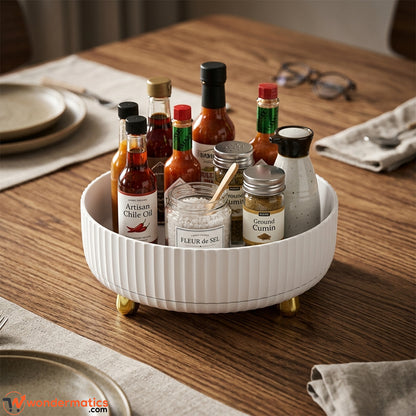 Front view of white ribbed rotating tray with gold feet