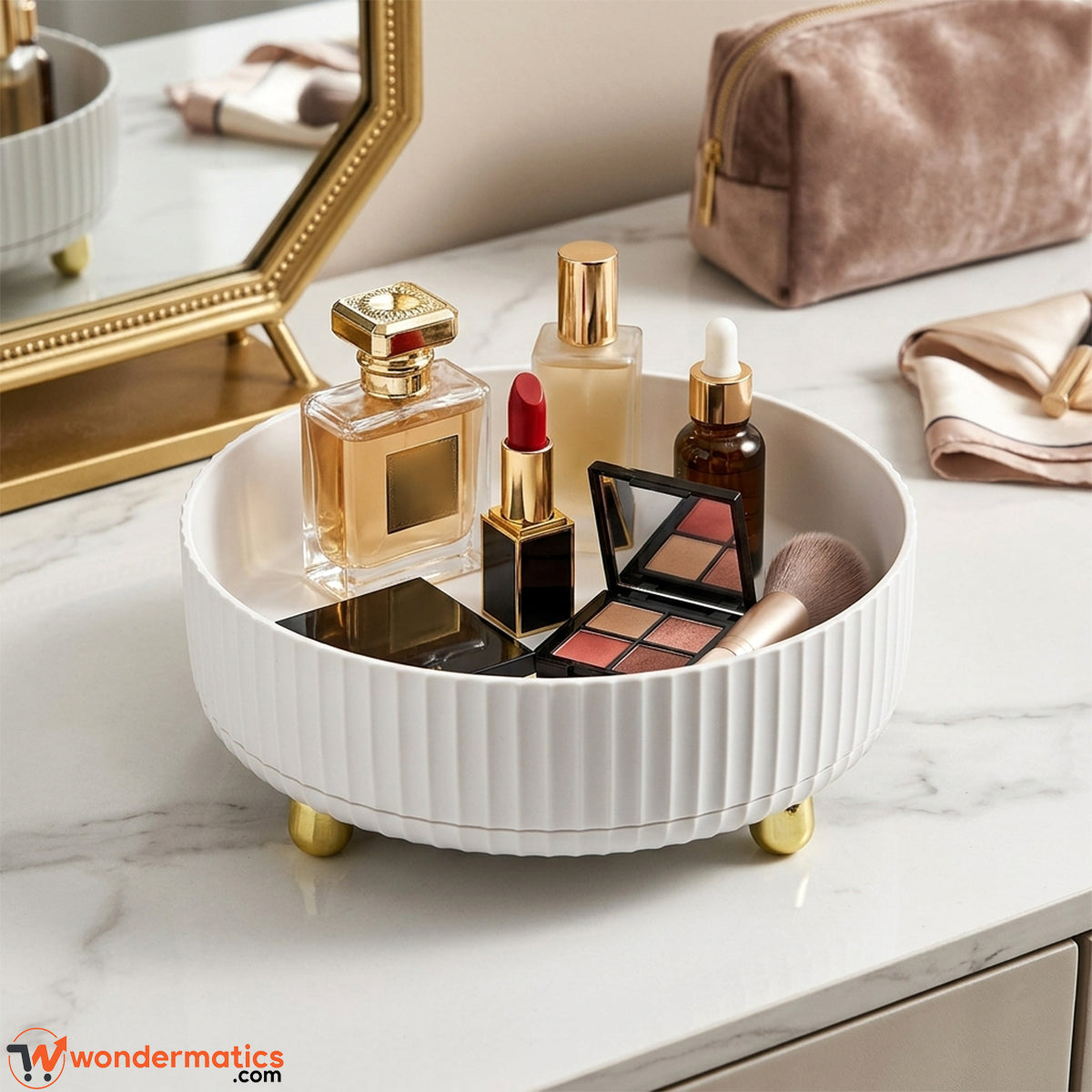 Rotating tray used as a perfume and cosmetic organizer on a vanity