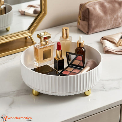 Rotating tray used as a perfume and cosmetic organizer on a vanity