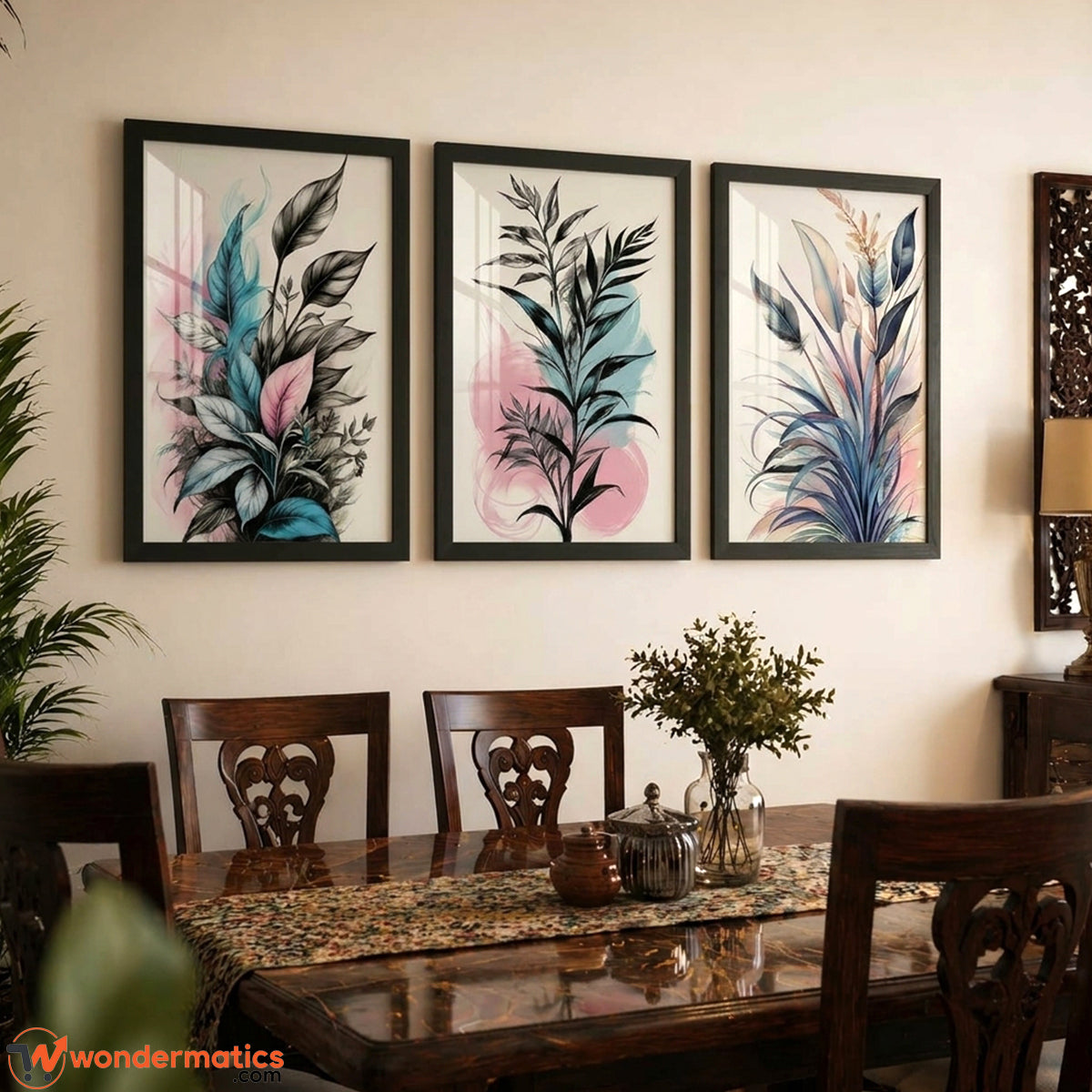 Set of 3 black wall frames 14x18 inches with artwork and front glass – home decor Karachi