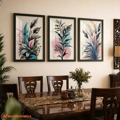 Set of 3 black wall frames 14x18 inches with artwork and front glass – home decor Karachi