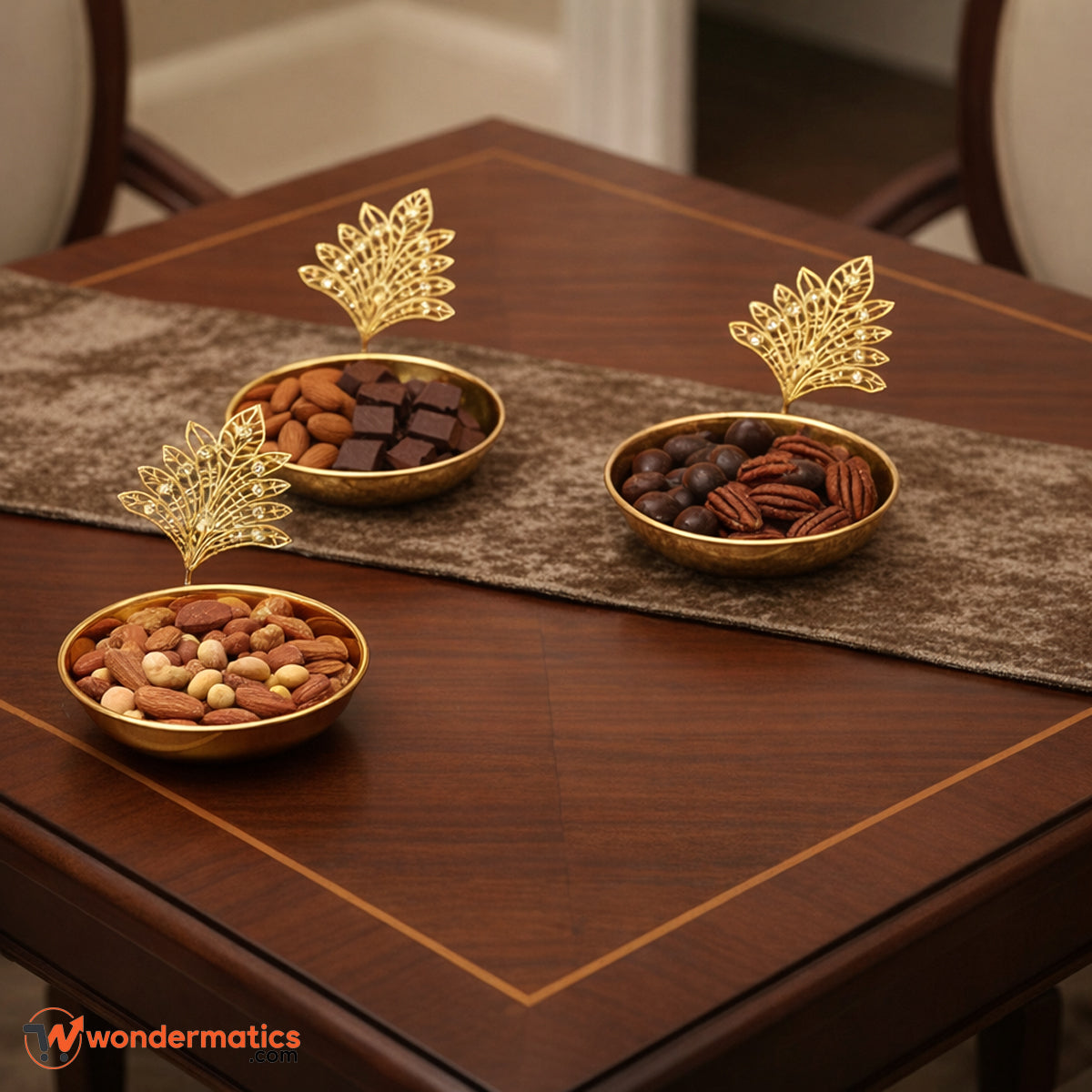 set of 3 golden bowls for dryfruits, snacks and jewelry