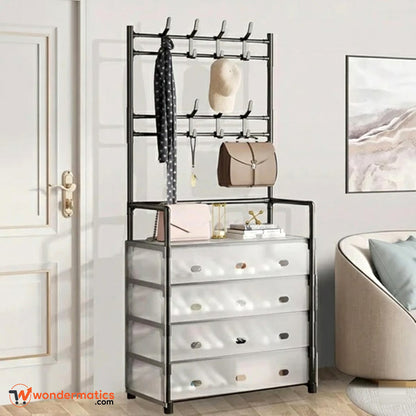 Coat and jacket hanging hooks on multi-functional shoe rack organizer