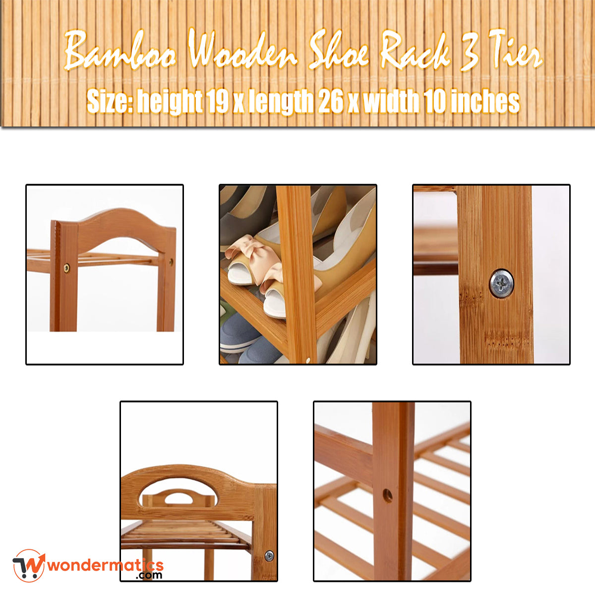 Bamboo wooden shoe rack with three tiers, showing different angles and features.