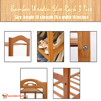 Bamboo wooden shoe rack with three tiers, showing different angles and features.