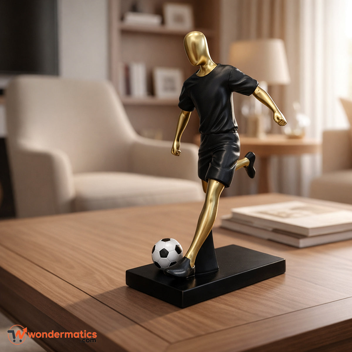 Gold and black soccer player figurine on a table in a living room setting