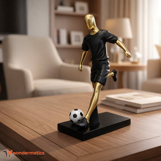 Gold and black soccer player figurine on a table in a living room setting
