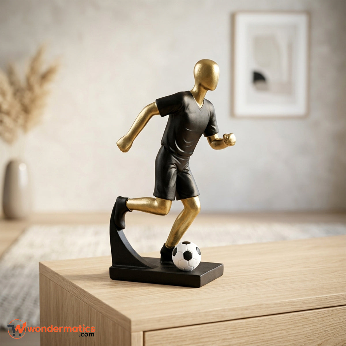 Modern soccer player statue for home decor, black and gold football figurine perfect for living room or office desk