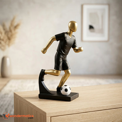 Modern soccer player statue for home decor, black and gold football figurine perfect for living room or office desk