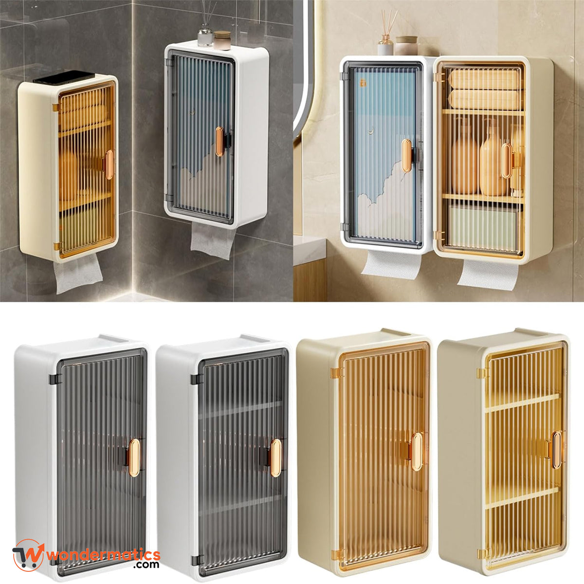 Space-saving bathroom organizer cabinet with shelves and tissue holder