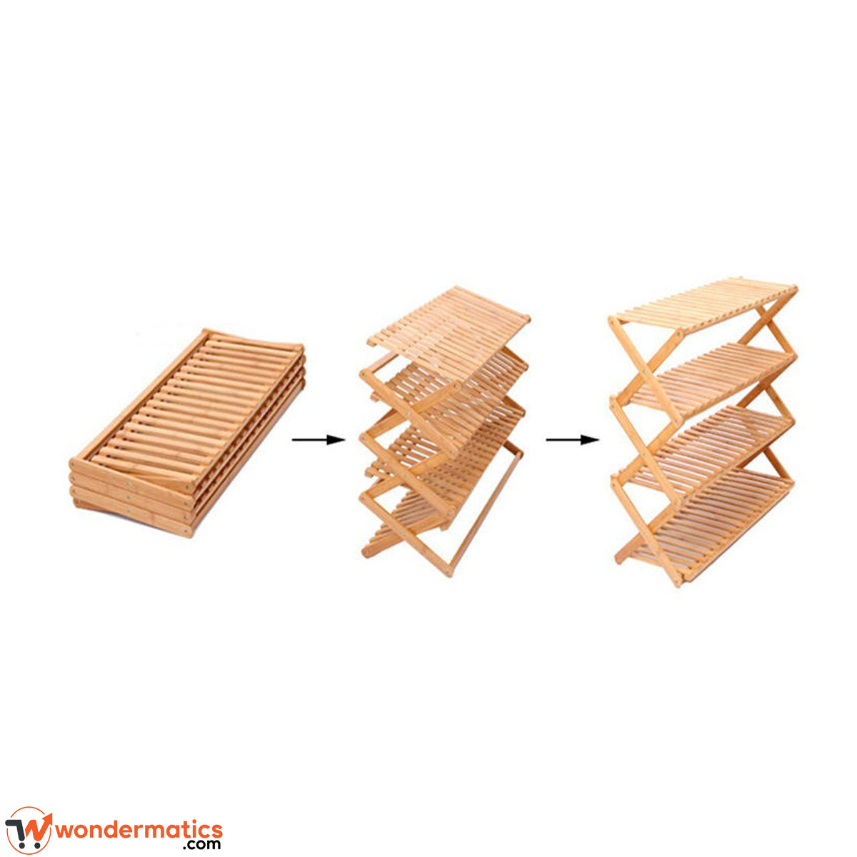 Space saving wooden shoe rack for entryway and hallway use with foldable 4-layer bamboo structure for home organization in Pakistan