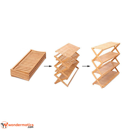 Space saving wooden shoe rack for entryway and hallway use with foldable 4-layer bamboo structure for home organization in Pakistan