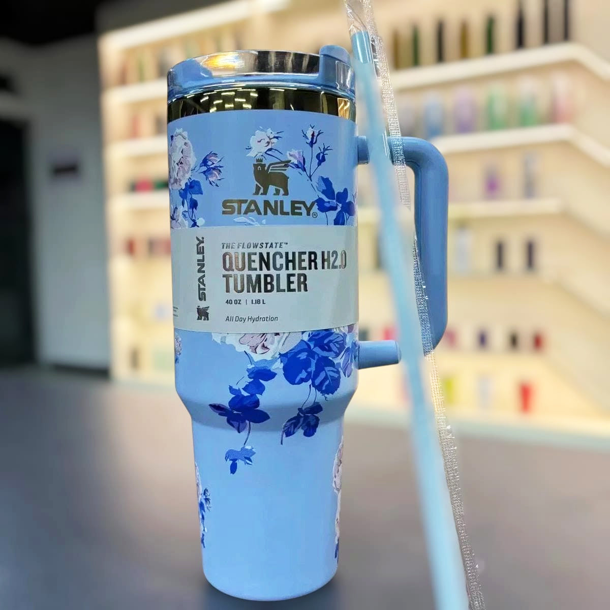 Stanley LoveShackFancy tumbler with blue floral print, stylish 1200ml hydration bottle