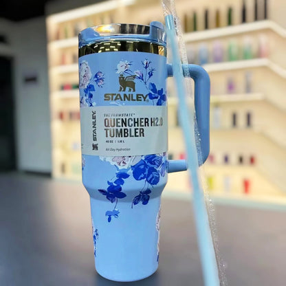 Stanley LoveShackFancy tumbler with blue floral print, stylish 1200ml hydration bottle