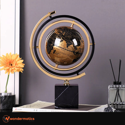 Stylish rotating world globe on polished wooden stand for classy interiors
