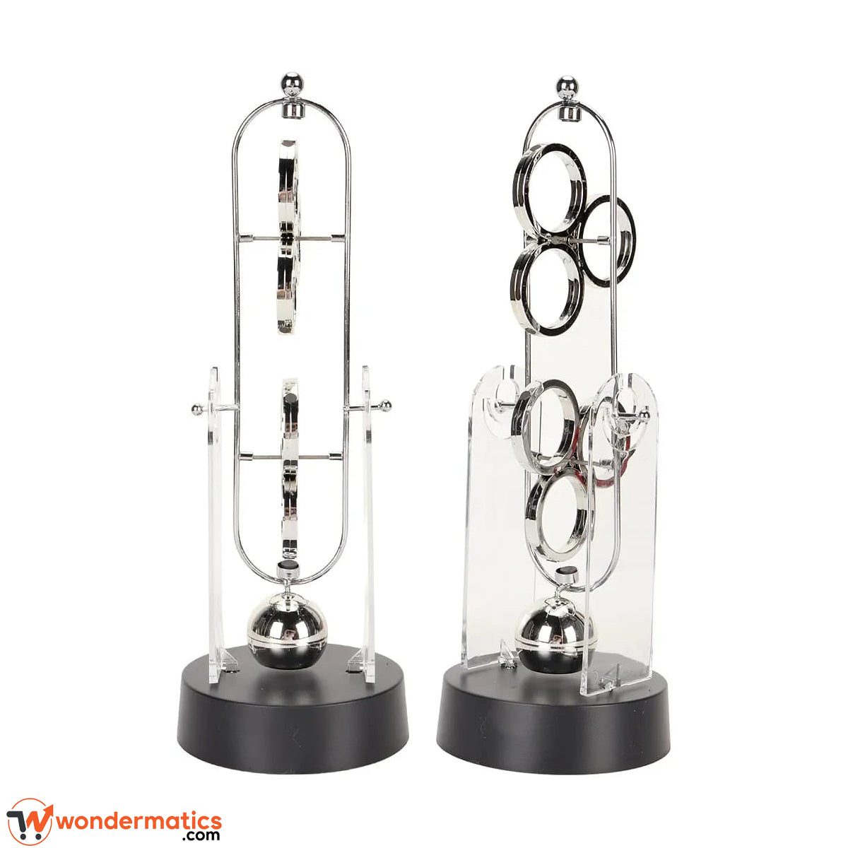 Side angle of a swinging physics display showing the acrylic shield and pendulum arms
