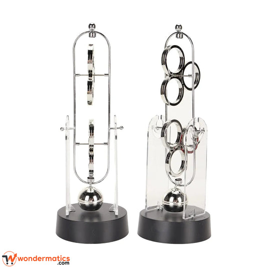 Side angle of a swinging physics display showing the acrylic shield and pendulum arms