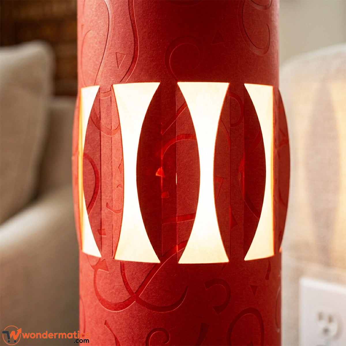 Closeup of soft flexible PVC sheet material and red white design on lamp