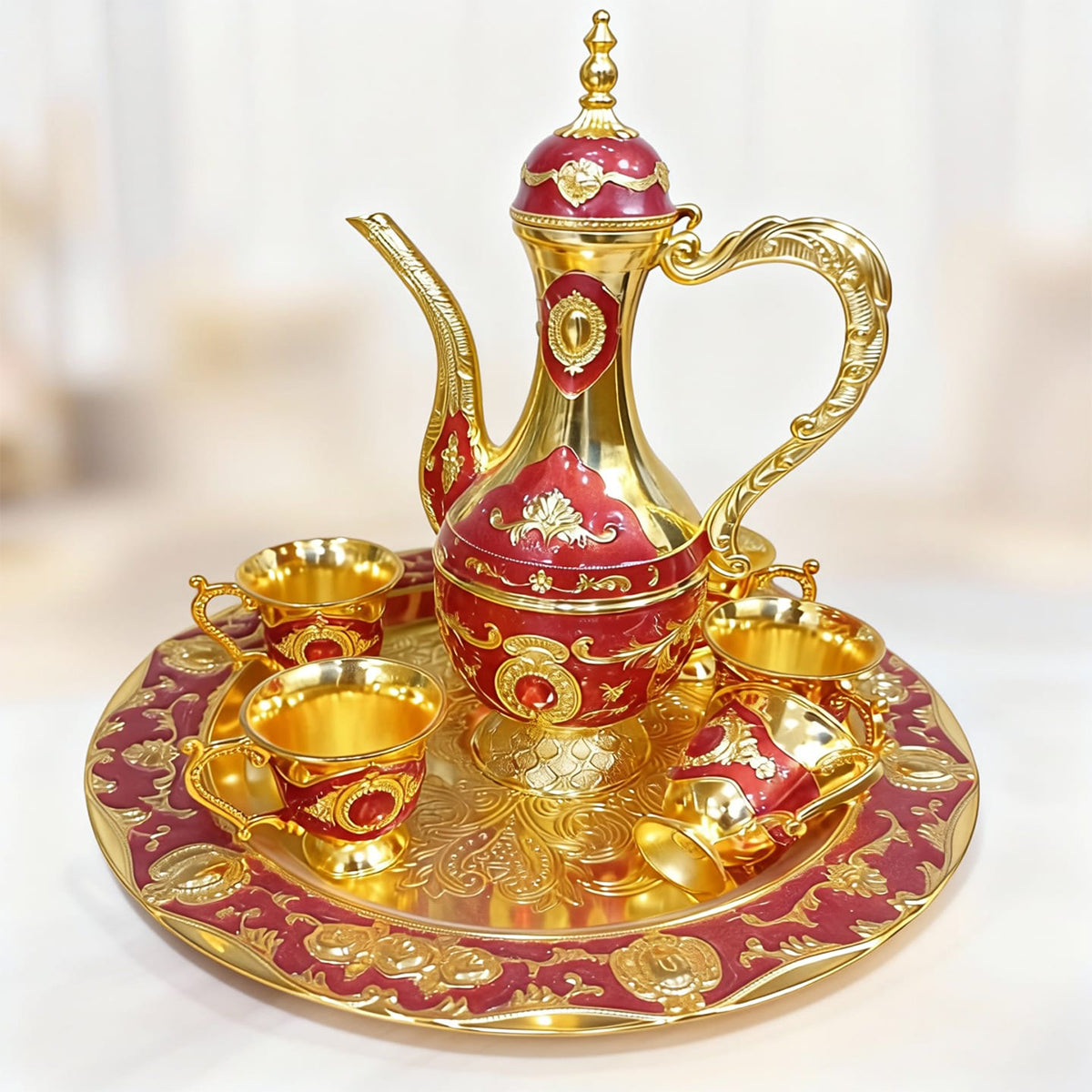 Turkish coffee and tea set with pot six cups and serving tray
