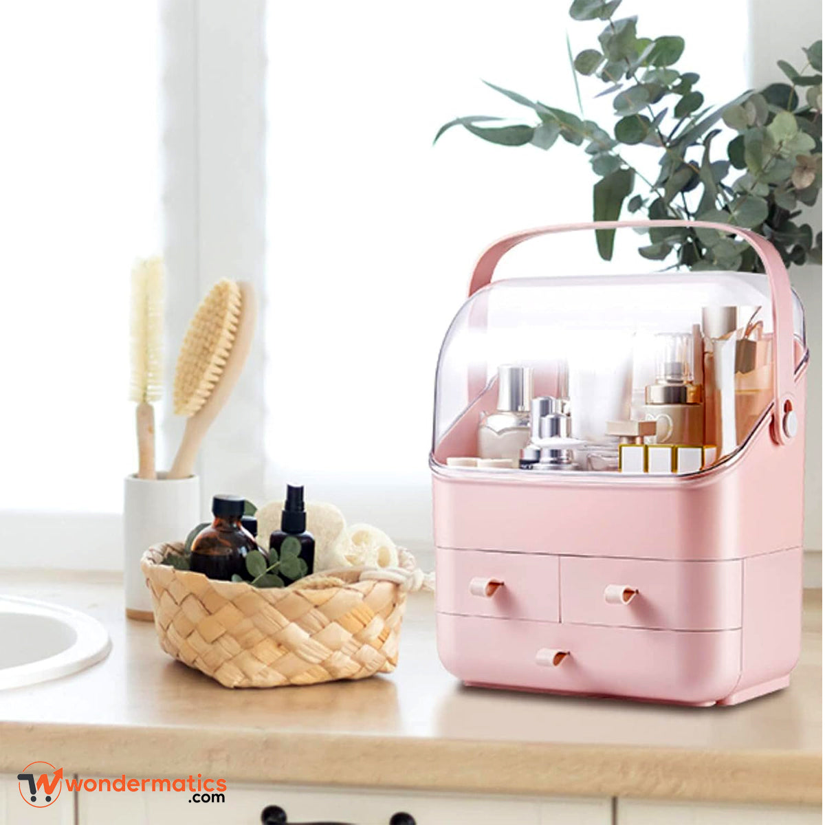 Makeup storage organizer with drawers and handle, perfect for vanity or dressing table
