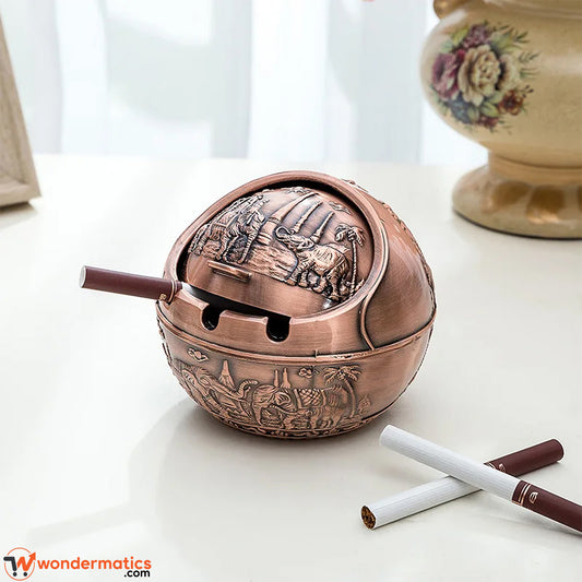 Vintage metal brass ashtray with lid on white background – premium retro design by Wondermatics
