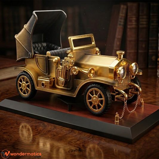 Vintage car music box decorating a living room shelf in Pakistan