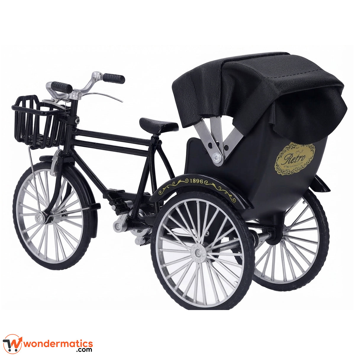 Back view of a retro metal 3 wheel rickshaw model