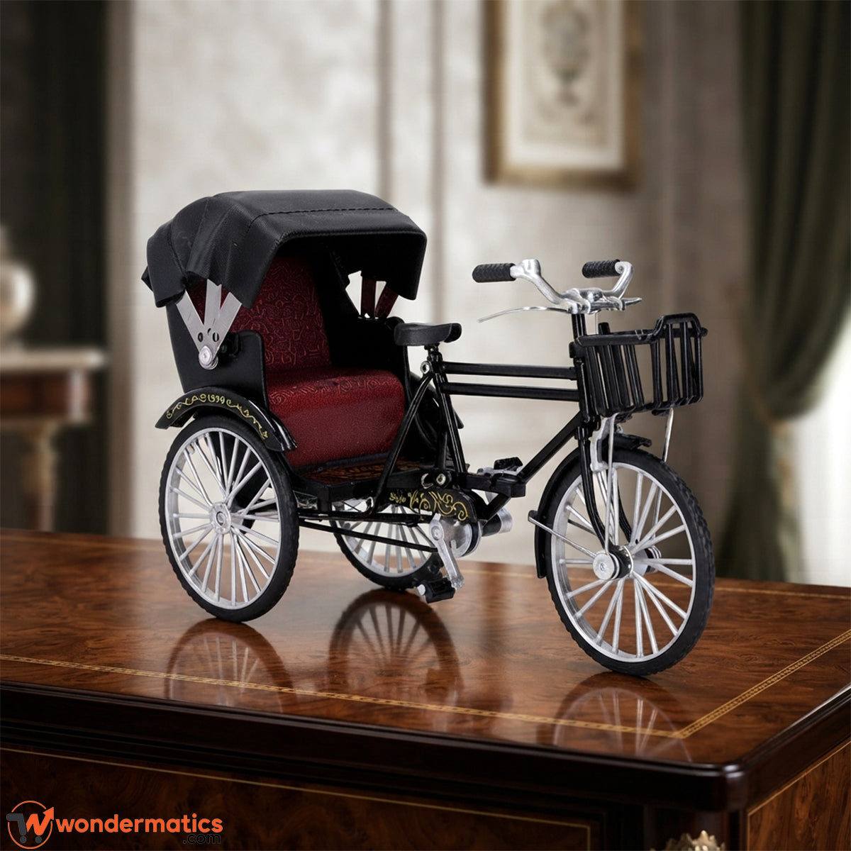 Vintage metal 3 wheel rickshaw model ornament for desktop decoration