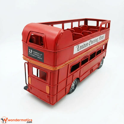 Back view of handmade metal London double-decker bus model showing rear panel and open-top upper deck