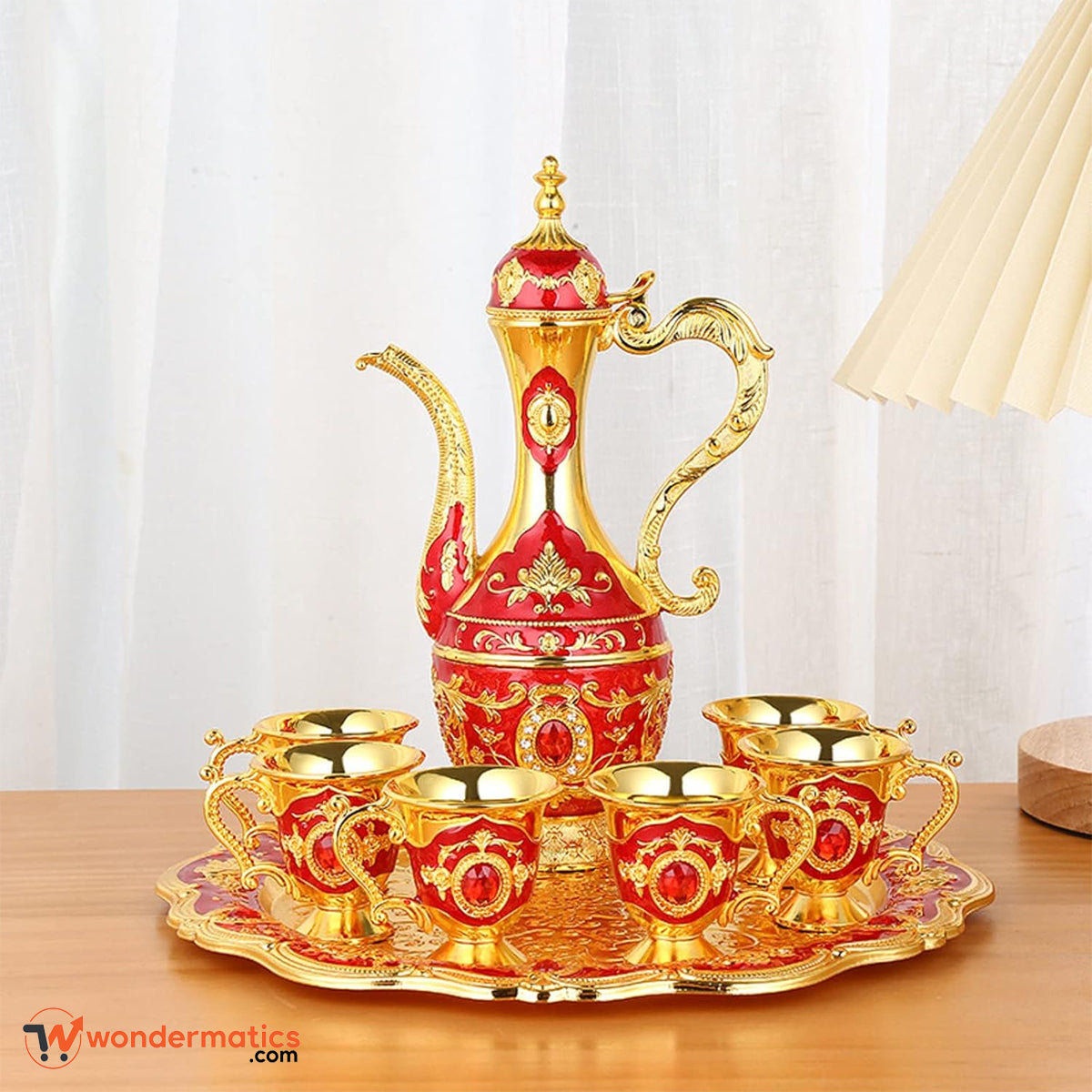 Vintage Turkish coffee and tea set in red and gold with pot cups and tray for home decor