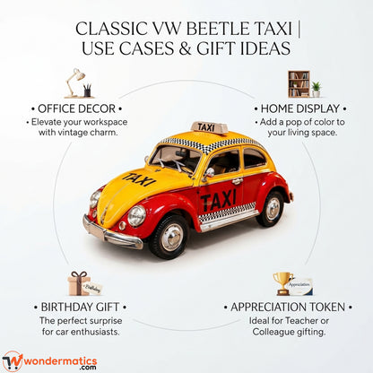 A vintage-style Volkswagen Beetle taxi decorative car centered on a light gray infographic background, with text listing use cases: office decor, home display, birthday gift, and appreciation token. The car is yellow and red with black and white taxi markings.