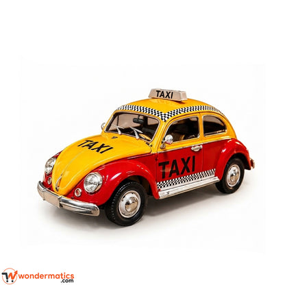 A vintage-style metal car for home and office decor shaped like a Volkswagen Beetle taxi, shown on a clean white background. The miniature car is painted in the classic red and yellow livery with black 'TAXI' lettering and a black-and-white checkered roof pattern.
