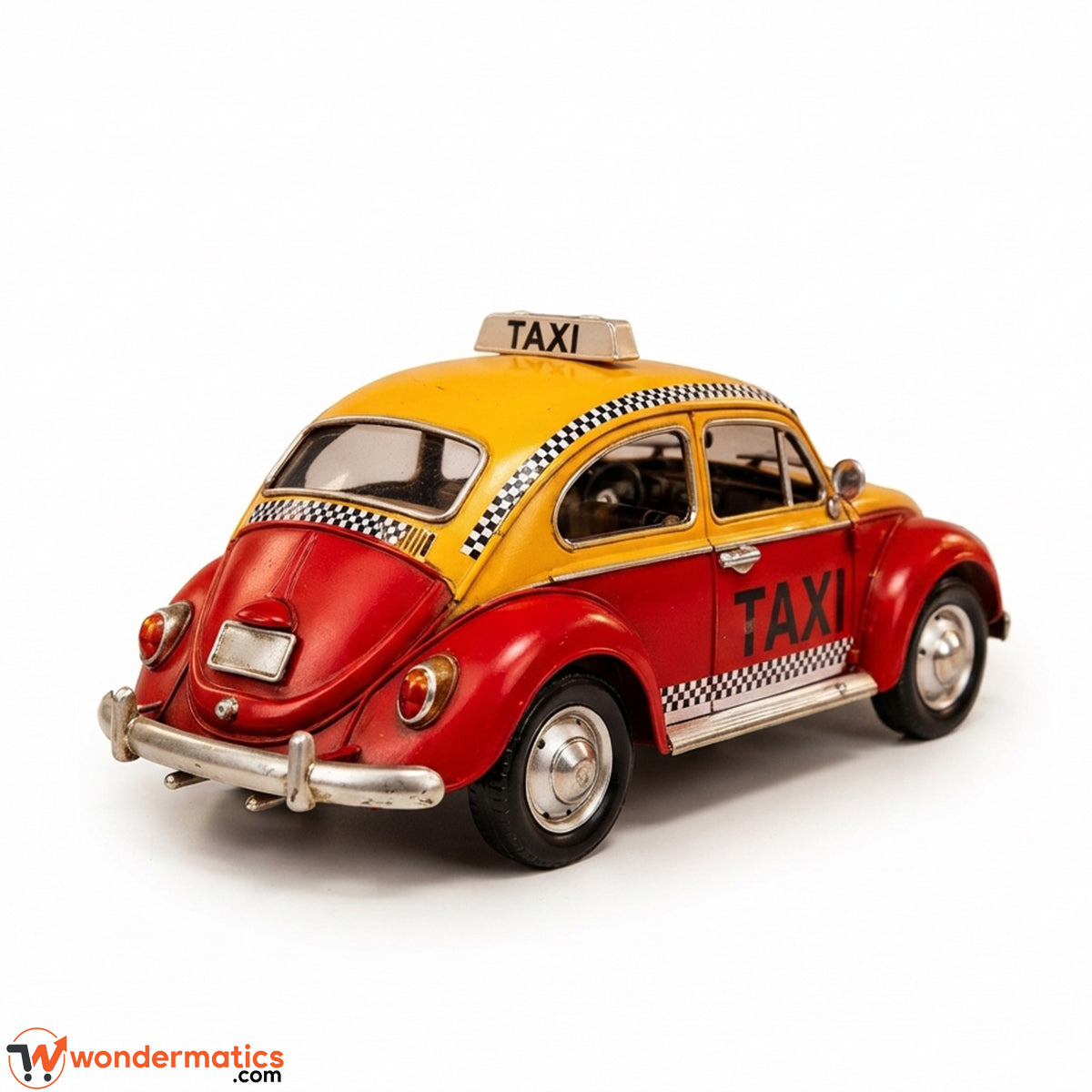 A vintage-style metal car model resembling a Volkswagen Beetle, painted red on the lower body and yellow on the upper body, with black-and-white checkered trim and 'TAXI' lettering for antiques and vintage lovers.