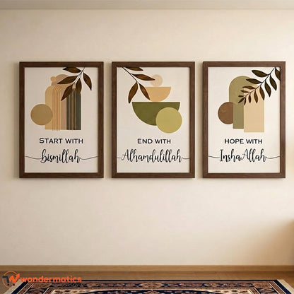 wall hanging frames 3pcs set for home and office start with bismillah end with allhumdolillah hope with in shaa Allah
