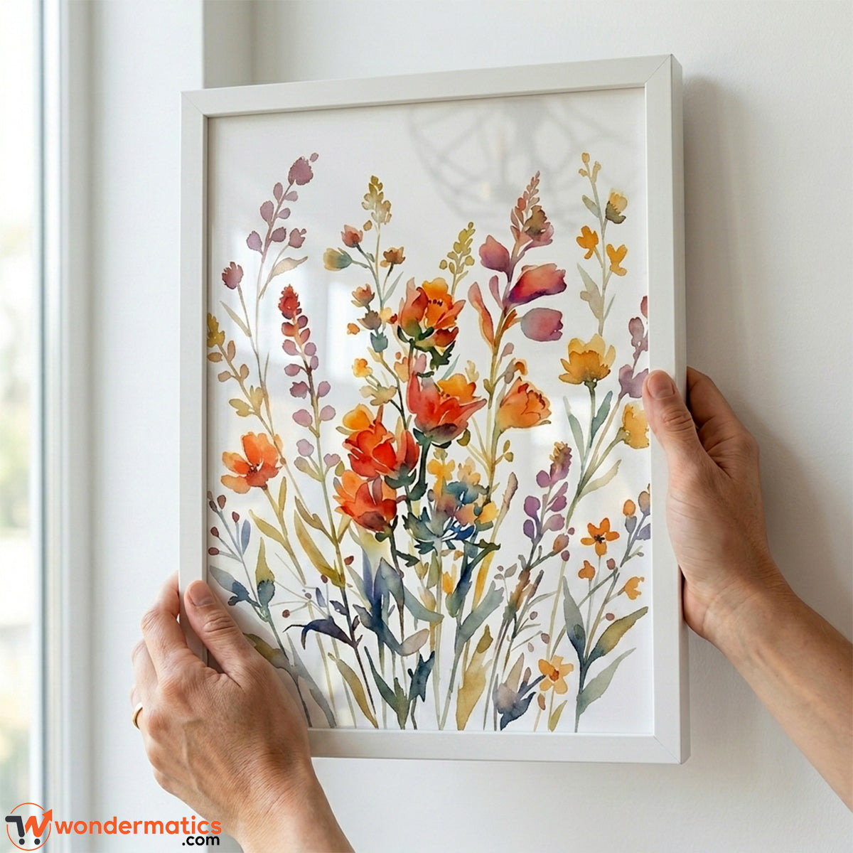 Close-up of white picture frame front glass with vibrant watercolor wildflower botanical print inside