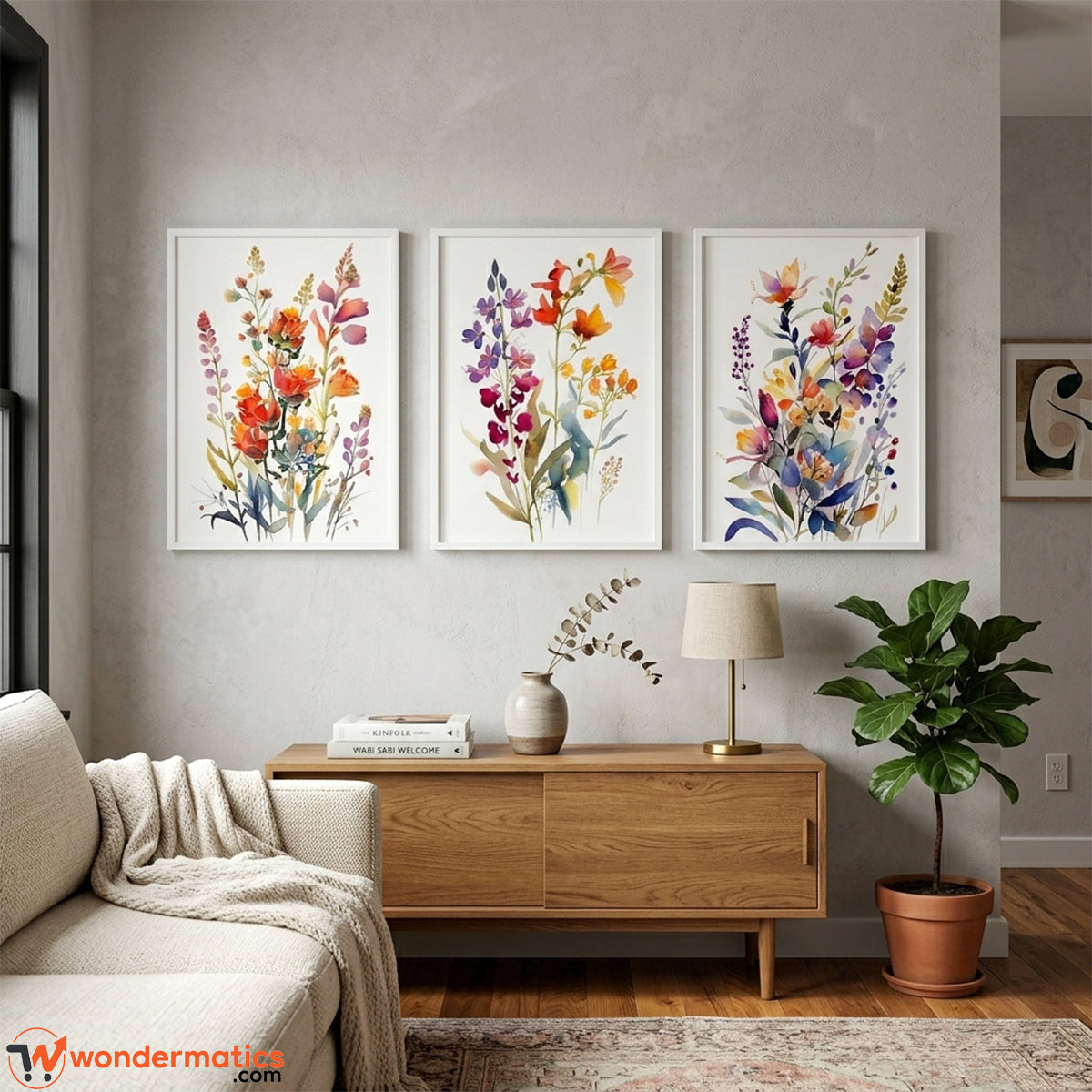 3pcs watercolor wildflower wall frames displayed in a modern Pakistani living room drawing room wall