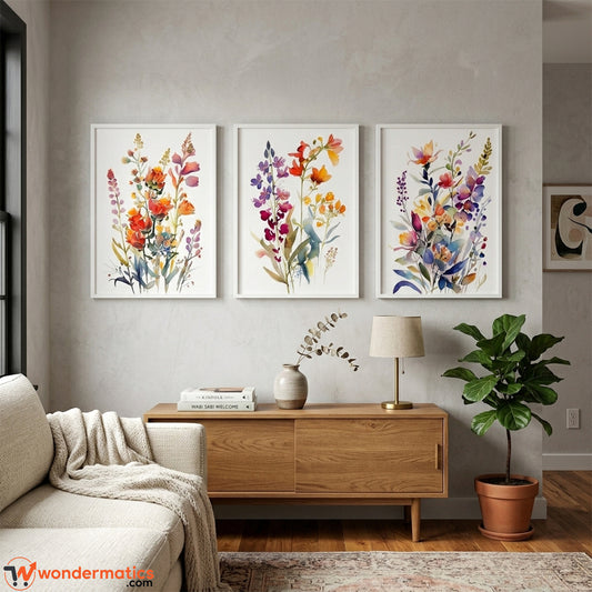 3pcs watercolor wildflower wall frames displayed in a modern Pakistani living room drawing room wall