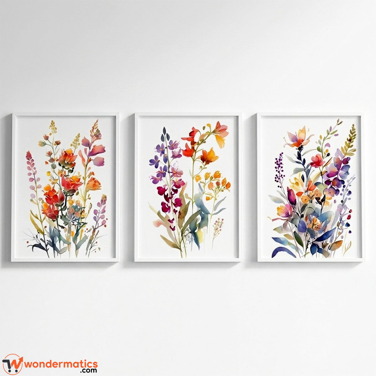 Wondermatics 3-piece white wall frames set with watercolor wildflower prints, 14x18 inches, Pakistan