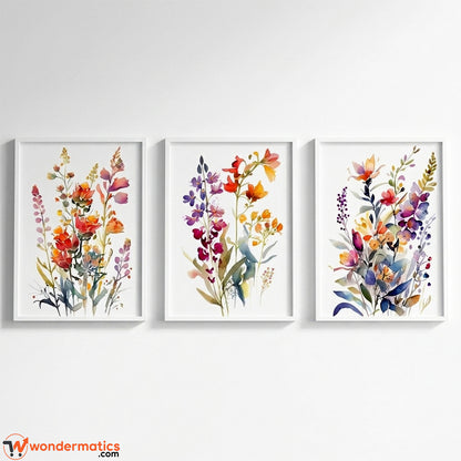Wondermatics 3-piece white wall frames set with watercolor wildflower prints, 14x18 inches, Pakistan