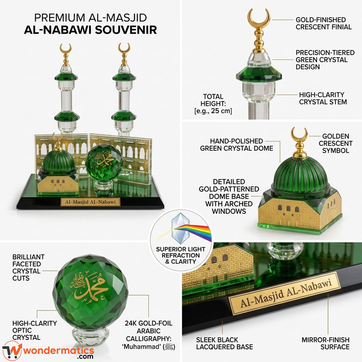 Close-up of the twin crystal minarets with green sections and gold crescent tops on the Al-Masjid Al-Nabawi showpiece